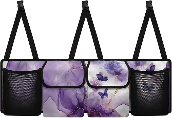 Car Trunk Organizer, Purple Butterfly Car Accessories Marble Car Organizer for SUV/Truck/MPV, Hanging Car Storage Organizer with 4 Pocekts, Frees Trunk Floor, Sturdy Space Saving Expert