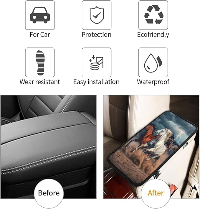 Horse Print Auto Center Console Cover Pad Art Running Horses Armrest Covers Anti-Scratch Arm Rest Box Cushion Protector Fit for Most Cars Sedans Vans Truck Vehicles SUV