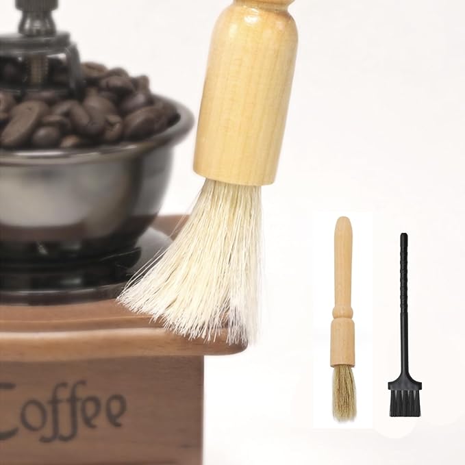 2 Pack Coffee Grinder Cleaning Brush Heavy Wood Handle Natural Bristles Dusting Espresso Brush and Nylon Espresso Machine Brush Burr Grinder Cleaner for Toaster Pollen Pot Barista Kit Tool