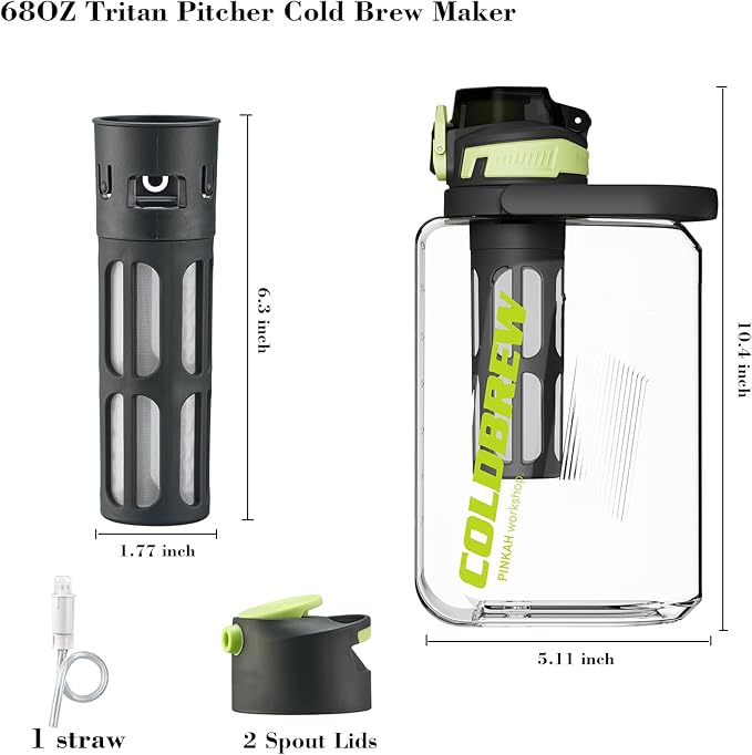 Itslife Cold Brew Coffee Maker, 68oz Iced Coffee Tritan Pitcher with Filter, 2 Pour Spout Lids For Airtight & Leak-Proof Coffee Barrel(Black)