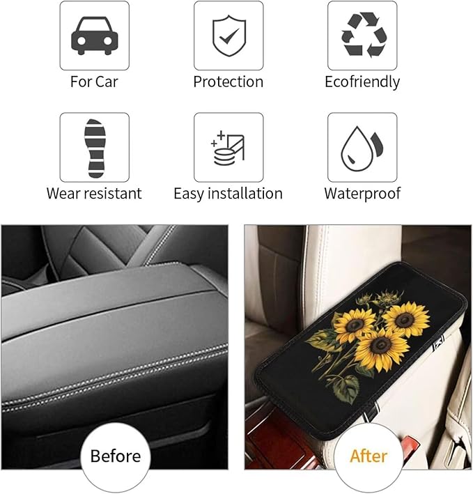 Car Center Console Cushion Pad Yellow Sunflower Universal Armrest Seat Box Cover Protector Flowers Comfortable Car Decor Accessories Fit for Truck Vehicles SUVs, Flower Floral Pad, Black