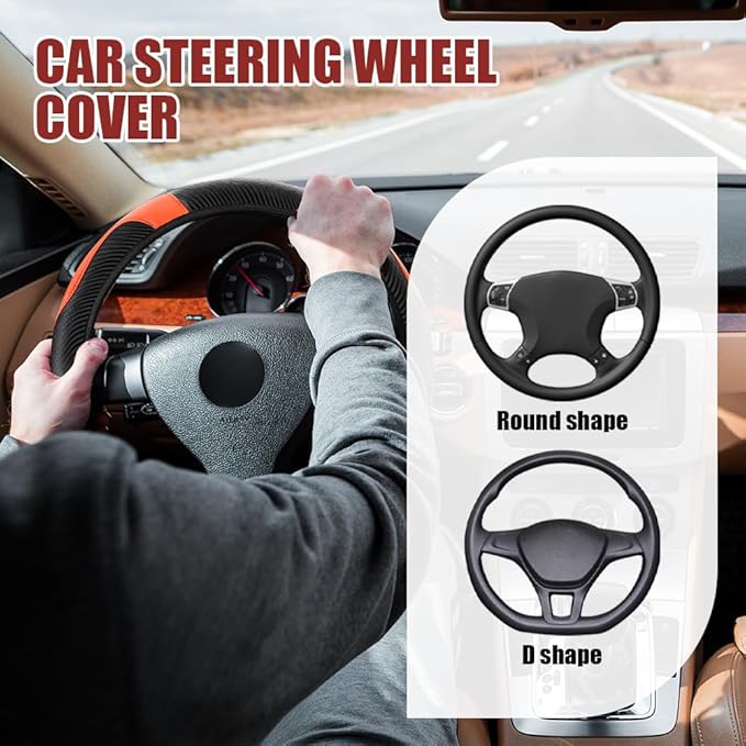 Car Steering Wheel Cover, Steering Wheel Protector, Universal 14.5-15 Inch Microfiber Leather Breathable Auto Steering Wheel Covers, Carbon Fiber Steering Wheel Cover for Women Men (Orange)