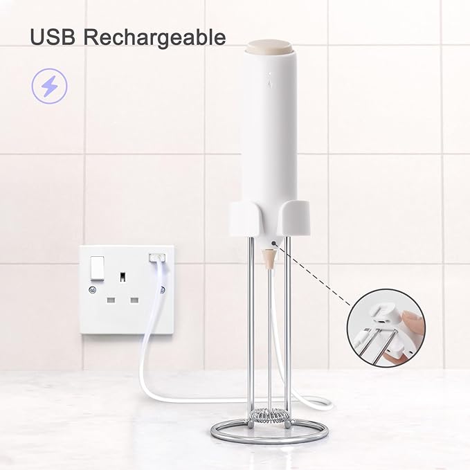 Rechargeable Coffee Frother by ELMWAY, Electric Milk Frother with Charging Stand & Wall Mount, Handheld Drink Mixer, Foam Maker for Coffee, Matcha - White