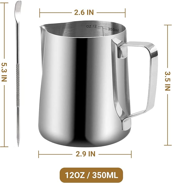 Milk Frothing Pitcher, 350ml/12oz Milk Frother Cup Stainless Steel Jug Steaming Pitcher, Milk Coffee Cappuccino Latte Art Barista Steam Pitchers Milk Jug Cup with Decorating Pen