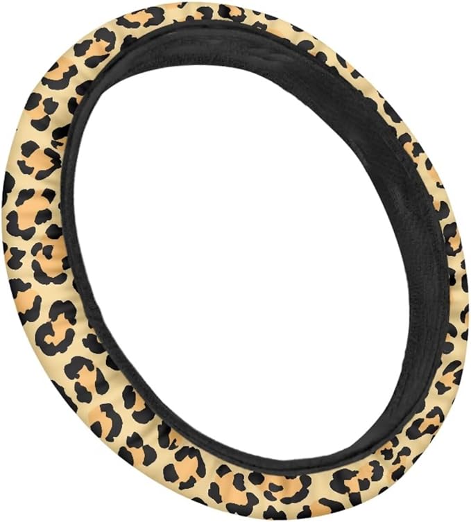 Universal Non-Slip Steering Wheel Cover, 15-inch Polyester Material Driving Accessories, Adjustable for Car and Truck(Retro Yellow Leopard Print)