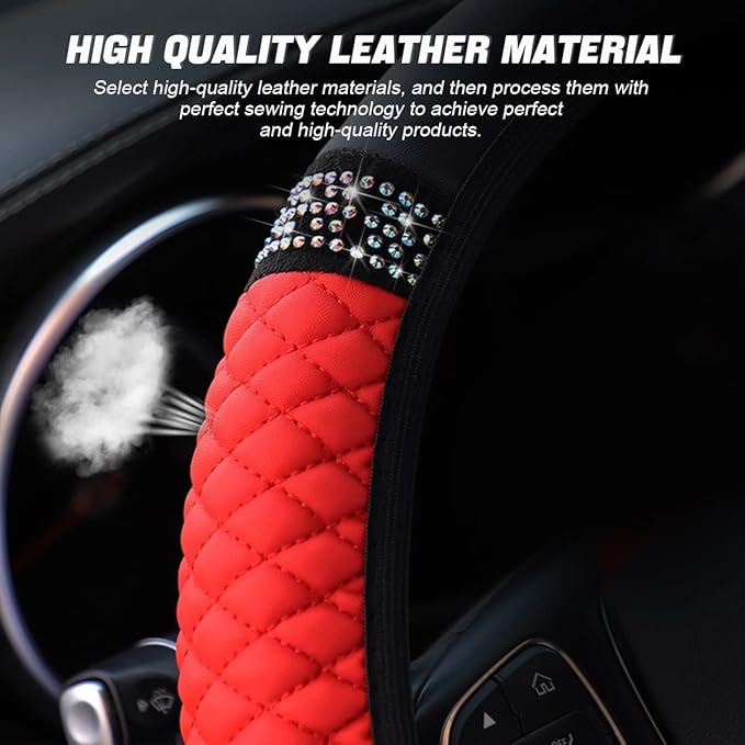 Bling Soft Leather Steering Wheel Cover, 15 Inch Colorful Rhinestones Auto Elastic Steering Wheel Protector, Sparkly Crystal Diamond for Women Girls, Car Accessories for Most Cars (Red)