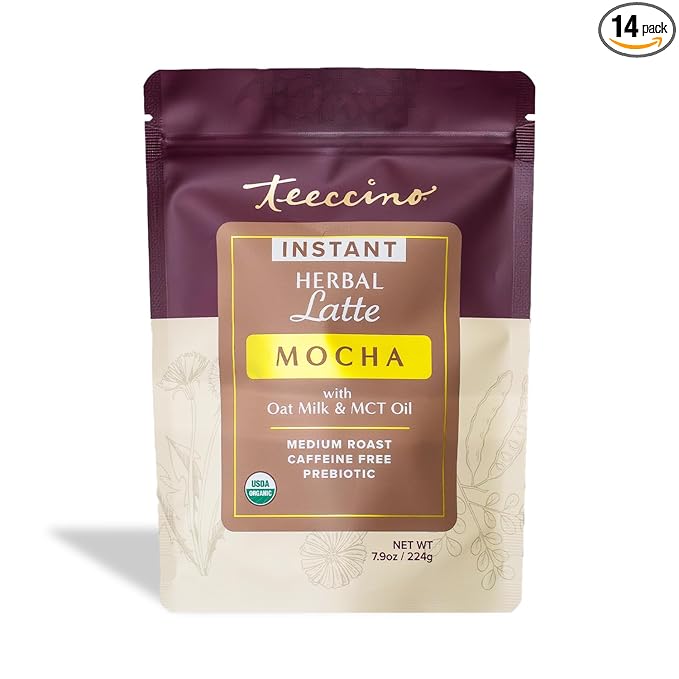 Teeccino Organic Instant Mocha Herbal Latte – 14 Servings – Creamy Oat & Coconut Latte Plus MCT Oil with Chocolaty Cacao & Dates Accenting Roasted Chicory – Prebiotic, Caffeine-Free – 7.9 ounces 