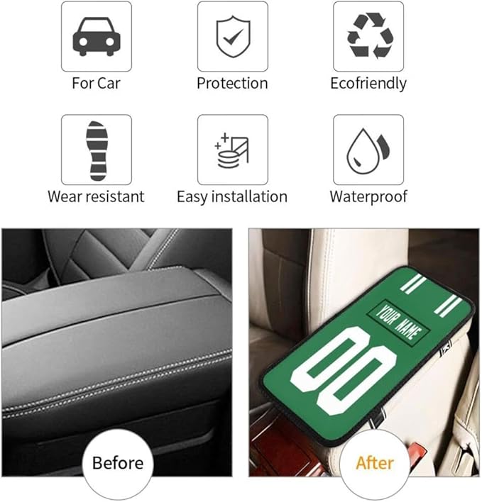 Custom Car Armrest Cover,Add Personalized Name and Number As Gifts for Loyal Football Fans,American Football Auto Center Console Pad Car handrail Box Cushion,Fit for Most Car Seat Box Cover Protector