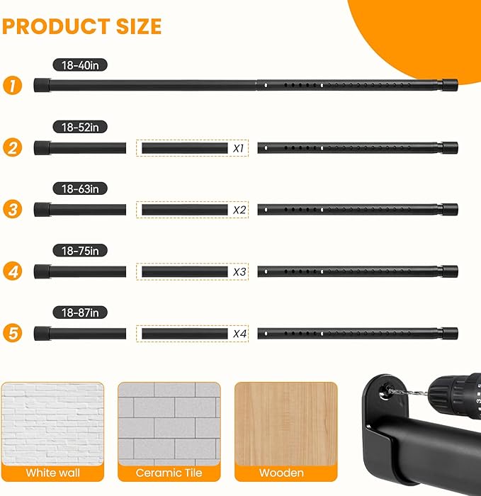 Oval Closet Rod for Hanging Clothes Adjustable Closet Rods 18 to 63 Inch Heavy Duty Black Poles Bar Closet Rod Expandable for Wardrobes Laundry RV