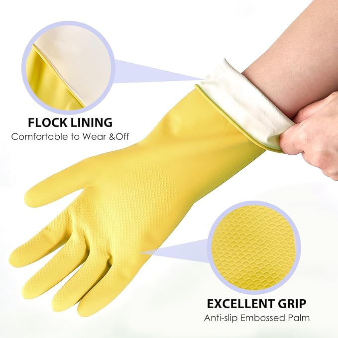 Rubber Kitchen Dishwashing Gloves - 4 Pairs Colorful Reusable Cleaning Gloves for Kitchen Washing Dishes and Household Cleaning (Medium, Yellow+Red)