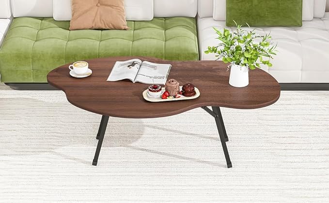 Foldable Coffee Table,Mid Century Modern Coffee Table Living Room Tables,Cloud Shape Irregular Center Table,Portable Folding Table for Small Spaces,Living Room,Bedroom,Entryway,Easy Assembly,Walnut