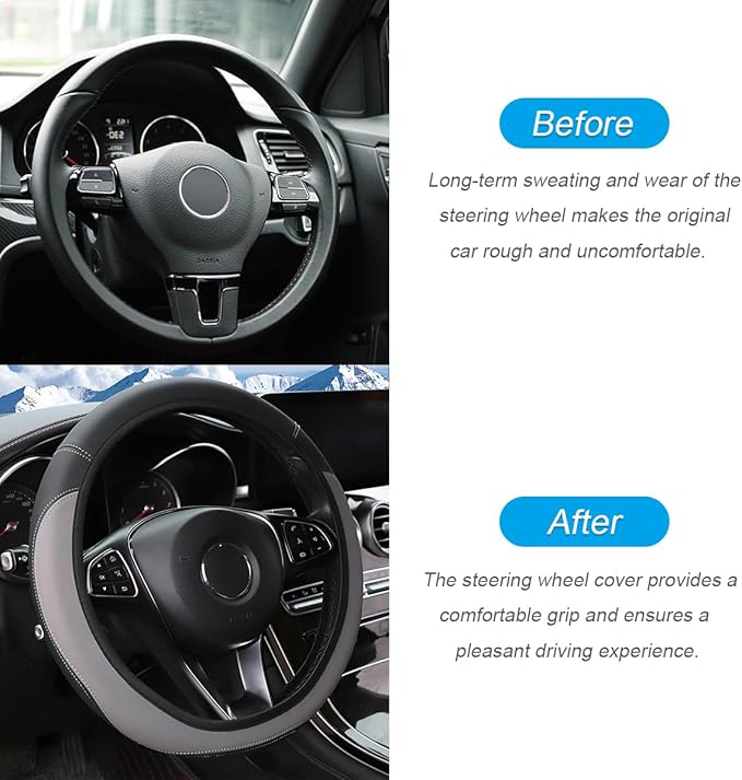 Car Steering Wheel Cover, Leather Elastic No Inner Ring Vehicle Steering Wheel Protector for 14.5-15Inch, Anti Slip Auto Interior Protection Accessories, Universal for SUV Sedan Truck (Gray)