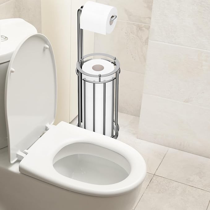 Meangood Toilet Paper Holder Stand and Tissue Paper Roll Dispenser for 4 Mega Rolls, Bathroom Free Standing Tissue Roll Storage Holder Rack, Detachable (Matte Silver)