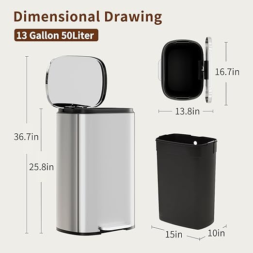 PayLessHere Trash Can with Lid, 13 Gallon (50L) Stainless Steel Kitchen & Office Recycling Bin with Foot Pedal Soft Close & Inner Bucket