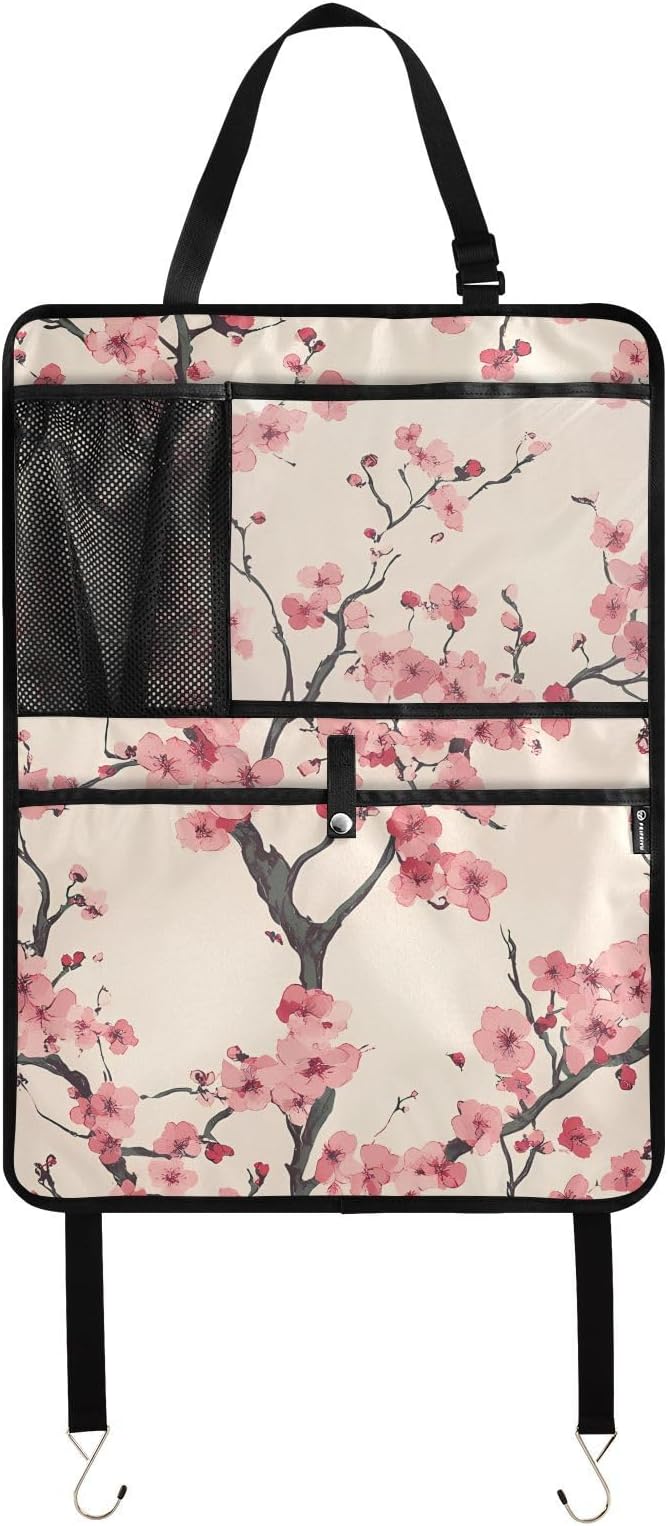 JIPONI Car Backseat Organizer, Japan Cherry Blossoms Automotive Back Seat Protector, Kick Mats with Storage Pockets for Kids Pets, Road Trip Accessories (2 Pack)