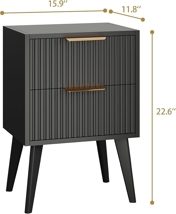 Small Black Night Stand,Modern Bedside Table, Nightstand with 2 Drawers,Fluted Side Table with Wood Legs,Mid Century End Table for Bedroom,Small Space,Black 11.8" D x 16" W x 22.4" H CTG55BK