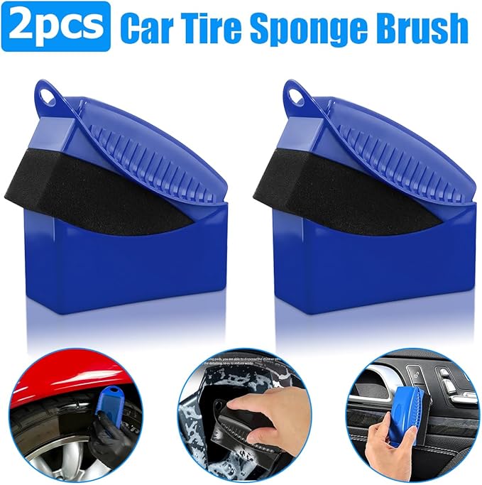 BESULEN 2 Pcs Tire Contour Dressing Applicator, Car Wheel Dressing Shine Sponge with Lid, Polishing Sponge Wax Buffing Pads for Auto, Foam Brush with Cover, Automotive Cleaning Accessories (Blue)