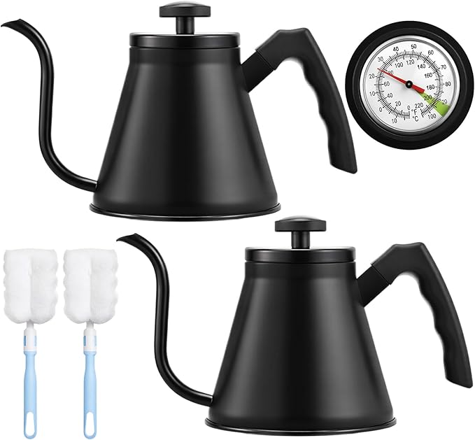 2 Pack 40 oz Gooseneck Kettle with Thermometer Stainless Steel Pour over Coffee Kettle Precision Drip Spout for Stovetop Home Kitchen Camping(Black)