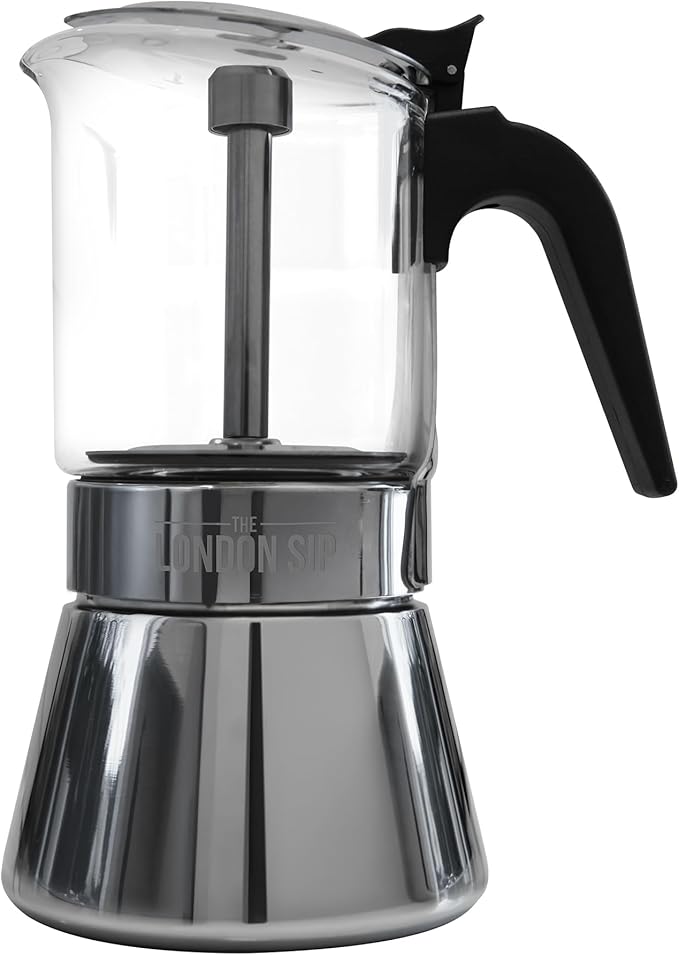 The London Sip Glass and Stainless Steel Stovetop Espresso Maker Moka Pot Italian Coffee Percolator, Glass, Small (5.07 oz)
