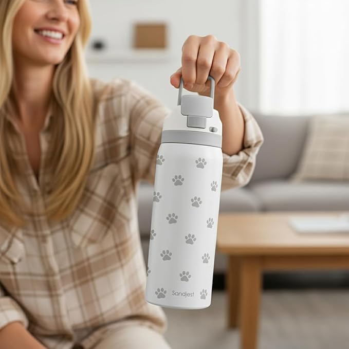 Paw Print Insulated Stainless Steel Water Bottle with Straw for Sports and Travel, 32oz, Gifts for Dog Cat Mom Women Girls Friends Teens Birthday Christmas