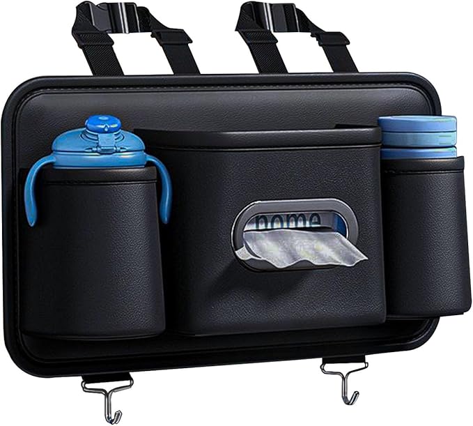 Car Headrest Backseat Organizer, Multifunctional Vehicle Seat Back Storage Box with Drink Cup Holder and Hooks, Automotive Travel Accessories, Universal for SUV, Sedan, Truck (Black)