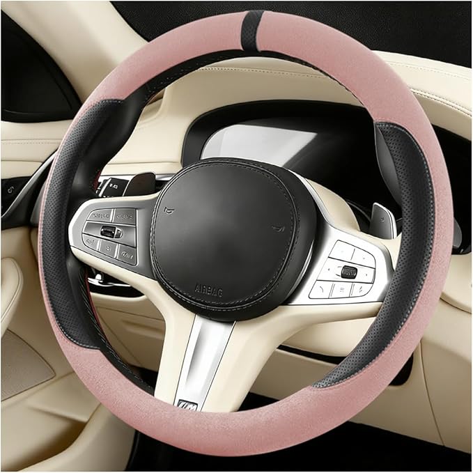 HZEL Car Steering Wheel Cover, Non-Slip Suede Leather Breathable Vehicle Steering Wheel Protector with Inner Ring, Automotive Interior Protective Accessories, Universal Fit (Pink)