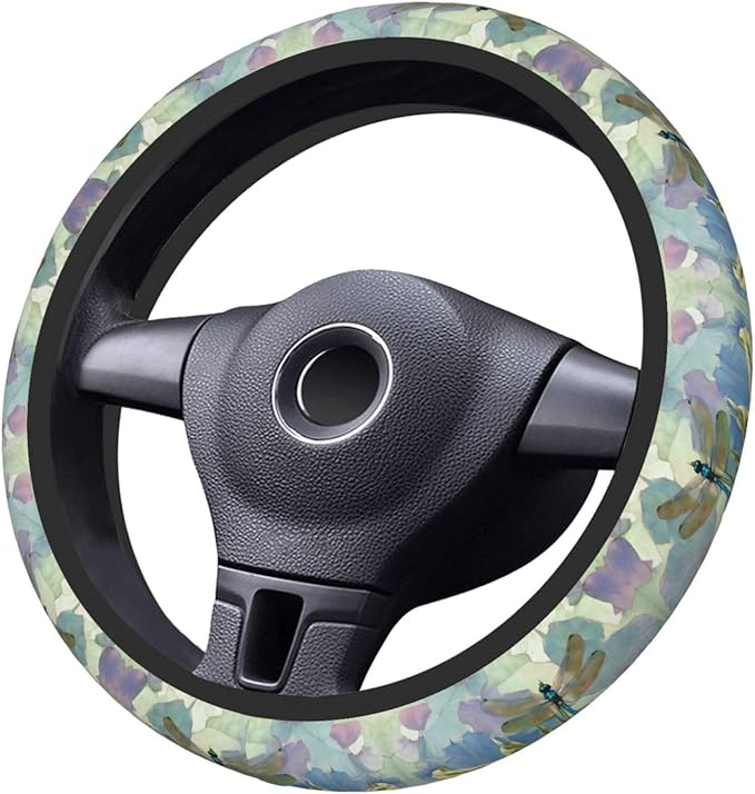 Floral Dragonfly Neoprene Steering Wheel Covers Women Men Car Accessories, Universal 15 Inch Fit Auto, Suvs, Truck