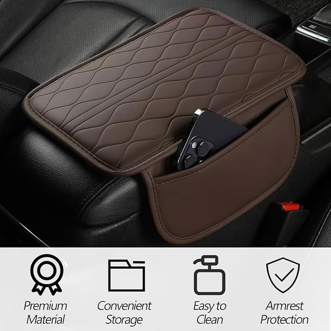HZEL Car Center Console Cover, Scratch & Wear Resistant Soft Leather Vehicle Armrest Seat Box Cushion Pad with 2 Storage Bag, Waterproof Automotive Interior Protector, Universal Fit (Coffee)