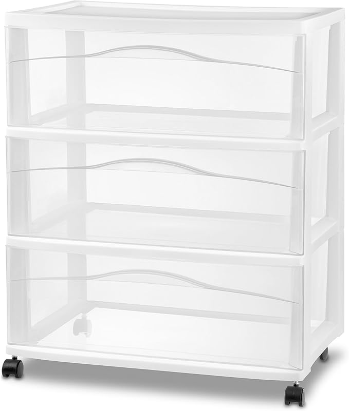 Sterilite Wide 3-Drawer Cart, Plastic Storage Organizer Drawers with Wheels, White - Rolling Multipurpose Bins for Dresser, Closet, Cabinet, Bedroom, Bathroom, and Office Organization