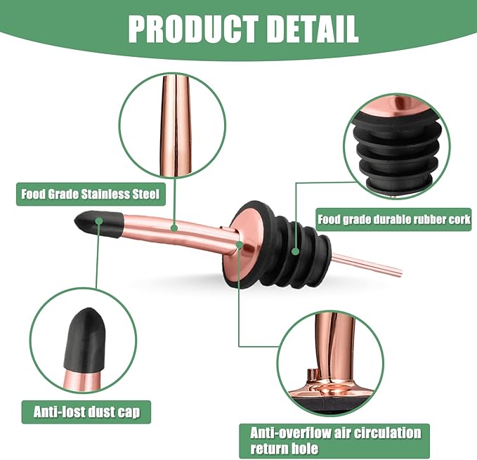 WAFJAMF 12 Pcs Liquor Pour Spouts Set, Stainless Steel Liquor Bottle Pourers with Rubber Dust Caps, for Pours Liquid, Olive Oil, Wine, Vinegar (Rose Gold-12 Pack)