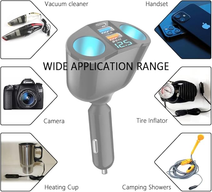 5 Port Cigarette Lighter Splitter,QC3.0&PD 20W Super Fast Car Charger with Dual Cigarette Lighter Plug with LED Voltmeter Compatible with iPhone 15 Pro iPad Dash Cam GPS (PD+QC+2.4A) 2Pcs