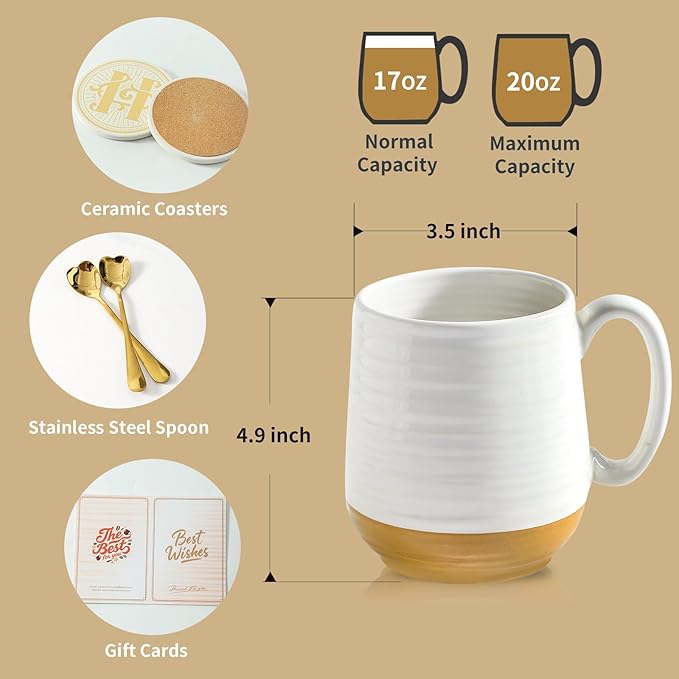 HASENSE Coffee Mugs Gift Set, 20oz Ceramic Mugs Set of 2 with Handle, Glaze Coasters & Spoons in Storage Box,Perfect Valentine‘s Day Gift for Coffee Tea and Cocoa, White