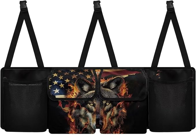 American Flag Wolf Car Trunk Organizer and Storage, Backseat Hanging Organizer for SUV, Truck, Waterproof Cargo Storage Bag with 4 Pockets, Car Interior Accessories for Men Women