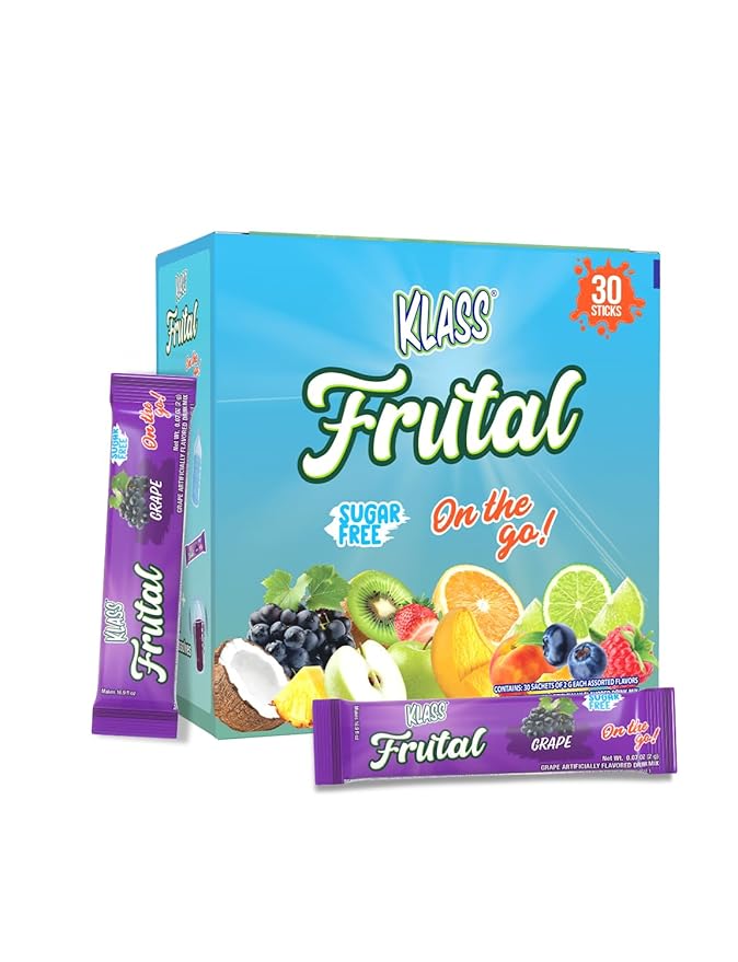 Klass Frutal On-The-Go! | Powdered Drink Mix – Grape Flavor, Sugar Free – 30 Stick Packs