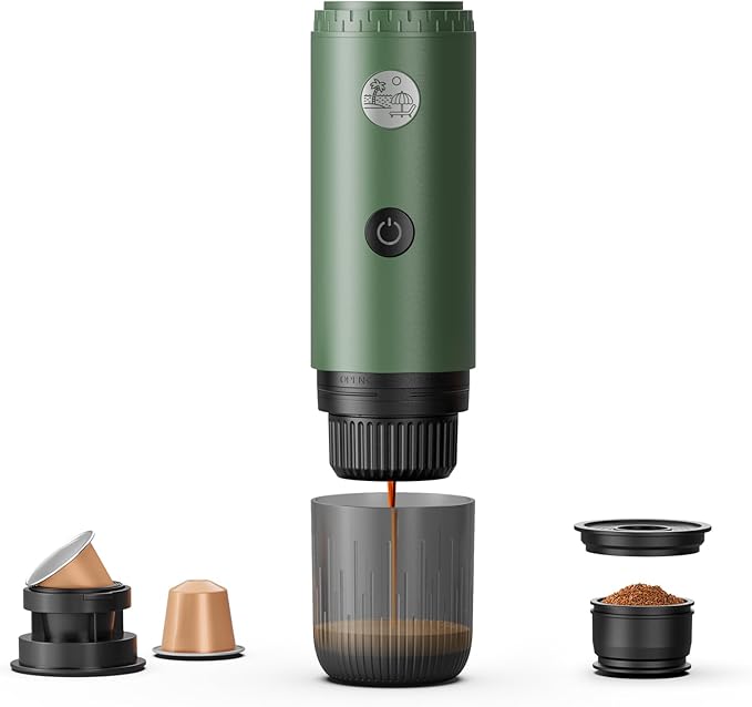Portable Espresso Machine Mini 19Bar Rechargeable 2-in-1 Multi-Function Electric Coffee Machine One Key Extraction Compatible with NS Capsules and Ground Coffee for Office Home 7800MAH (Green)