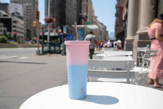 Manna Chilly Double-wall Vacuum Insulated Stainless Steel Tumbler with Splash-proof Lid and Reusable Tritan Straw - 24 Oz - Sky Blue Ombre