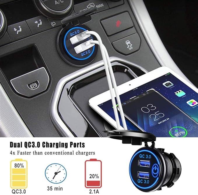 GemCoo 12V USB Outlet 36W QC 3.0 Charger Socket with Power Switch, 12V/24V Charger Socket Fast Charge for Car RV Boat Marine Truck Golf Motorcycle