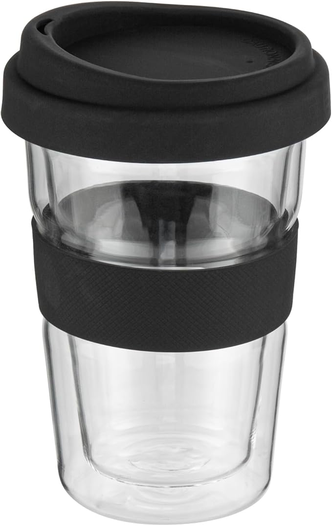 Restaurantware Glass Travel Mug 1 Count 14 Ounce Double Wall Borosilicate Reusable Coffee Cup, Spill-Resistant Black Silicone Lid, Clear Drinkware Mug for Hot and Cold Beverages