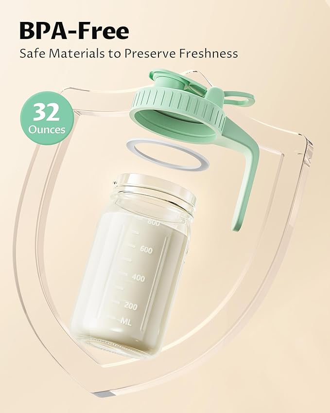 32oz Breast Milk Pitcher with Lid – Leak-Proof & Airtight Glass Storage Container for Breastmilk, Wide-Mouth Mason Jar Pitcher, Fast Formula Maker, Green