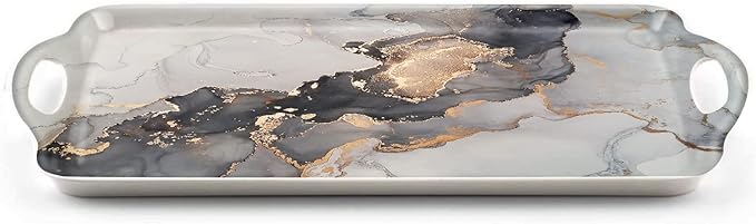 Serving Tray Decorative Tray with Handles Multi-Purpose Rectangular Serving Trays for Restaurant, Parties, Coffee Table, Kitchen - Grey Gold Marble Pattern