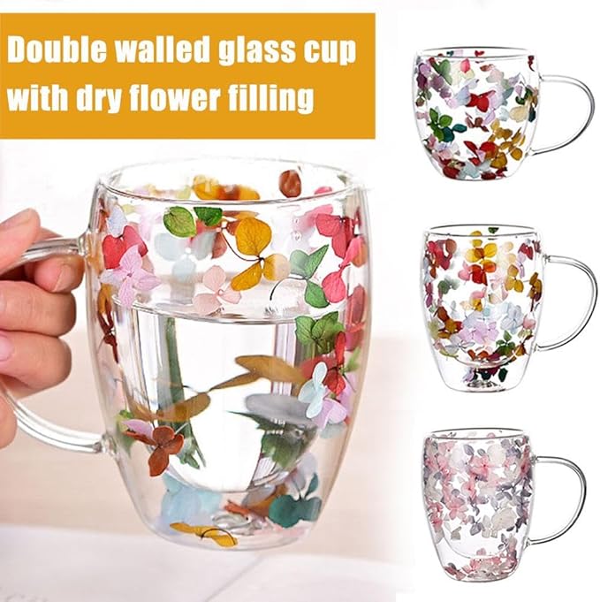 Dried Flowers Double Wall Clear Glass Coffee Mugs,Creative Clear Glass Cups with Handle, Double Insulated Glass Cup, 350ml Glass Coffee Cups