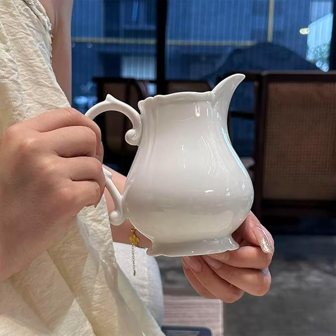 WAIT FLY Vintage Embossed Creamer & Sauce Pitcher - Milk Jug & Serving Pitcher for Kitchen - White Creamer