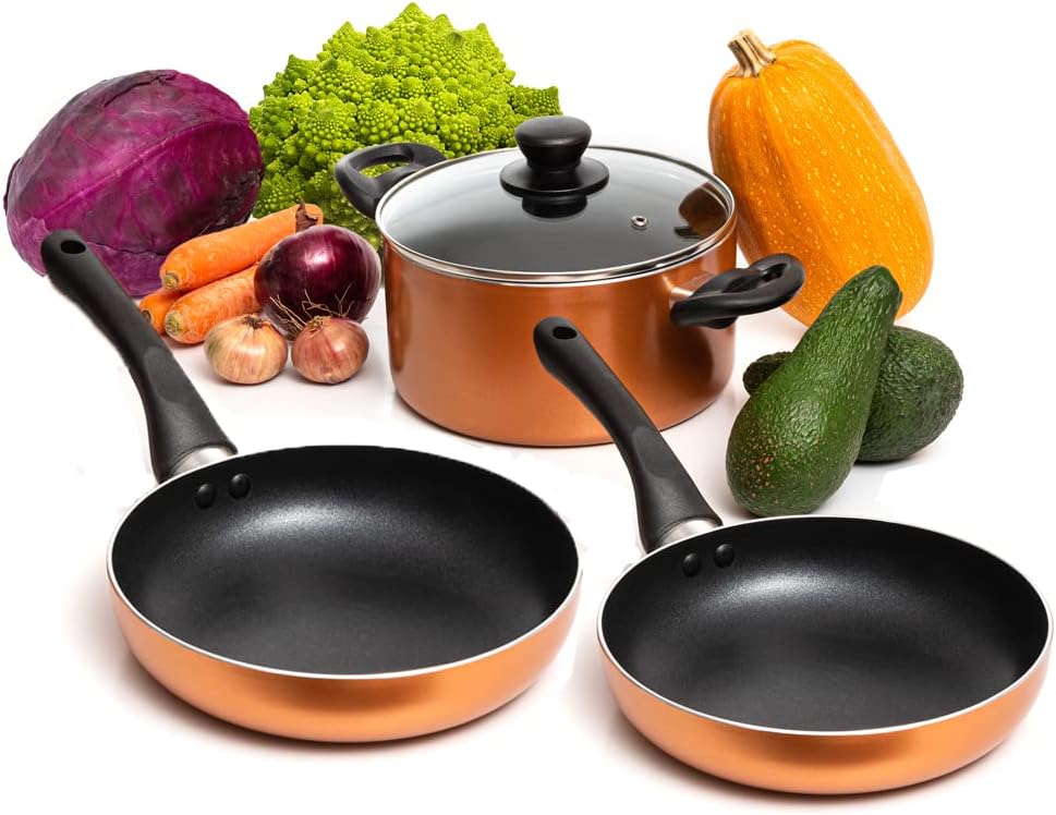 Moss & Stone 4 Peice Nonstick , Aluminum, Copper Pots and Pans Set with Glass Lid, Copper Cookware Set