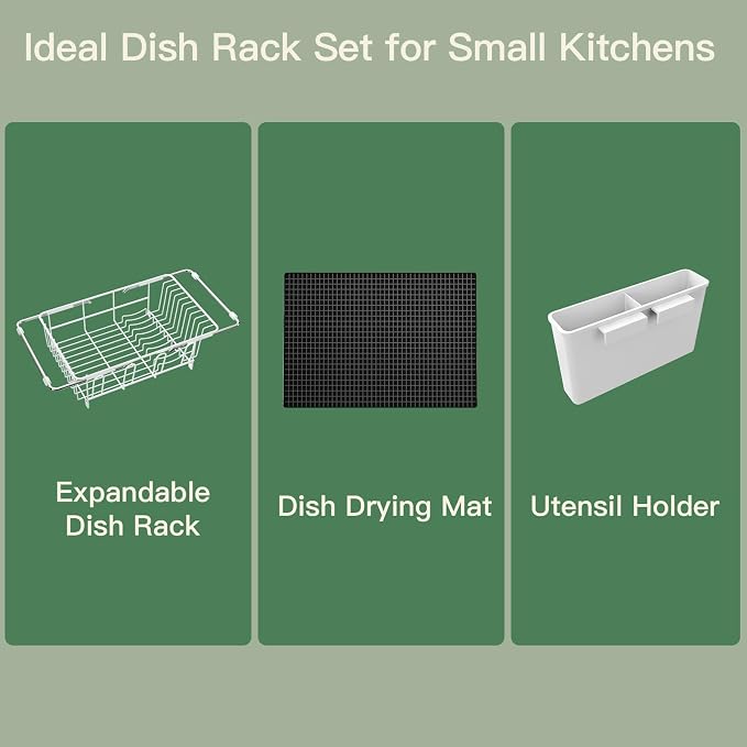 MAJALiS White Dish Drying Rack Over The Sink with Utensil Holder, Mat | Expandable Stainless Steel Dish Drainer for Small Kitchen, Apartment, RV, Counter Space Saving, Perfect Fit, Rustproof