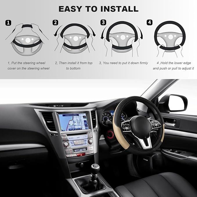 Car Steering Wheel Cover, 15 Inch Carbon Fiber Elastic Vehicle Steering Wheel Protector, Breathable Leather Auto Wheel Covers for Women Men, Interior Car Accessories (Beige, AD)