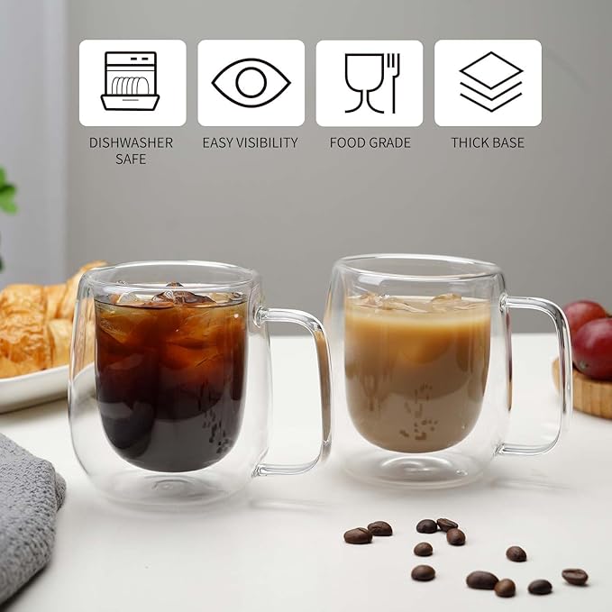 Double Wall Glass Coffee Mugs -11.8Oz Clear Insulated Glass Espresso Cups with Handle Mugs for Hot Beverages,set of 2 Perfect for Cappuccino Latte Americano Tea Bag (Large (2 PACK))