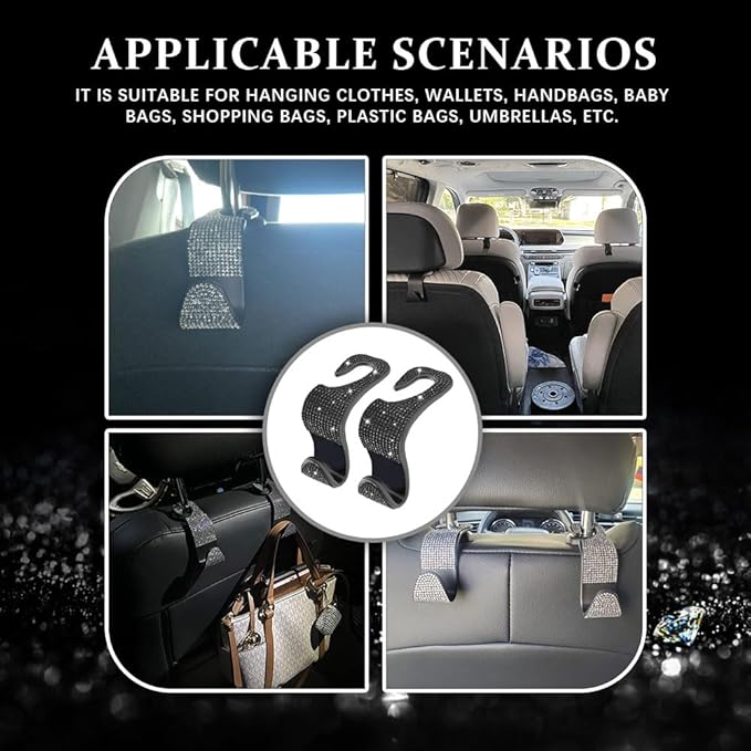 2PCS Car Seat Hooks, Purse Hook for Car, Crystal Rhinestone Vehicle Backseat Purse Holder, Auto Accessories Diamond Auto Seatback Storage Organizer Hanger for Handbag Clothes Purse (Black)