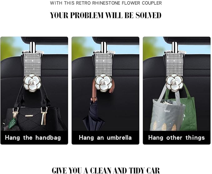 2-Piece Bling Car Seat Hooks - Headrest Hooks for Purses & Bags with Diamond Design (White)