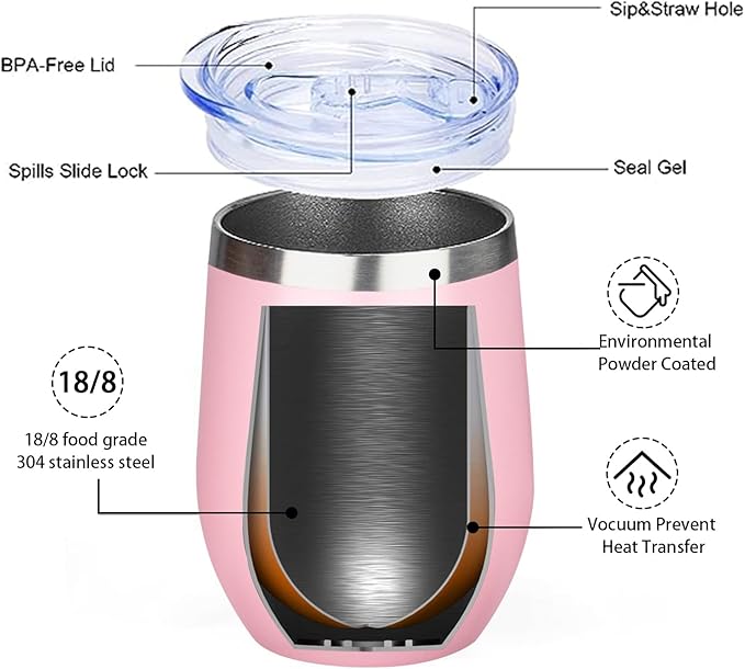 MEZMUT 12 Oz Insulated Wine Tumbler with Lid Double Wall Vacuum Stainless Steel Wine Glass Coffee Mug Insulated Tumbler Cup for Champaign, Cocktail, Beer (Pink, 4 Pack)