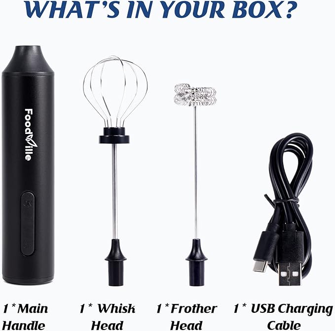 MF05 Rechargeable Milk Frother USB Charging Handheld Foam Maker with Stainless Balloon Whisk for Cappuccino, Latte, Bulletproof Coffee, Keto Diet, Protein Powder, Matcha (Black)